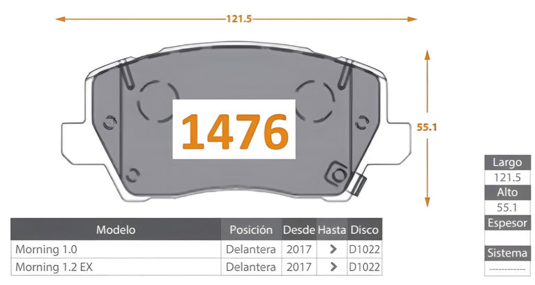 Pastilla de Freno Delantero Kia Morning 1.0/1.2 2017-2022